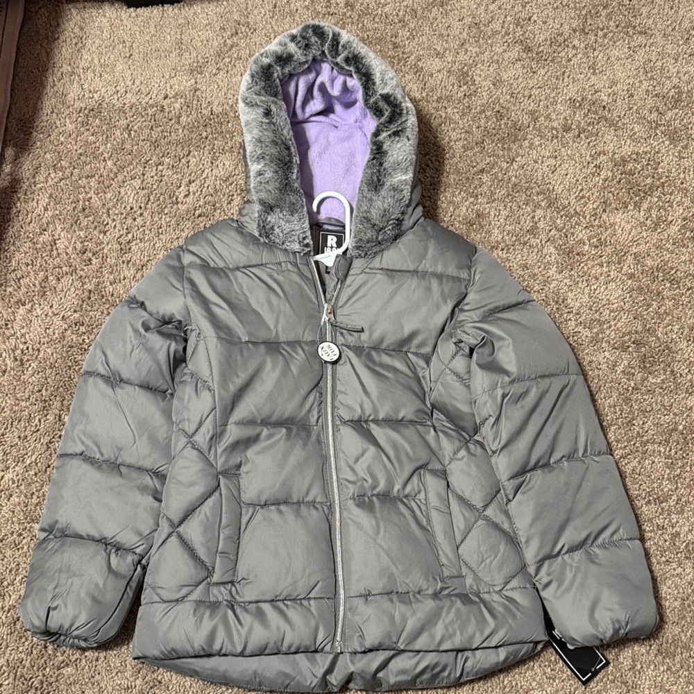 Gray Hooded Puffer Jacket with Faux Fur Trim and detached Scarf!